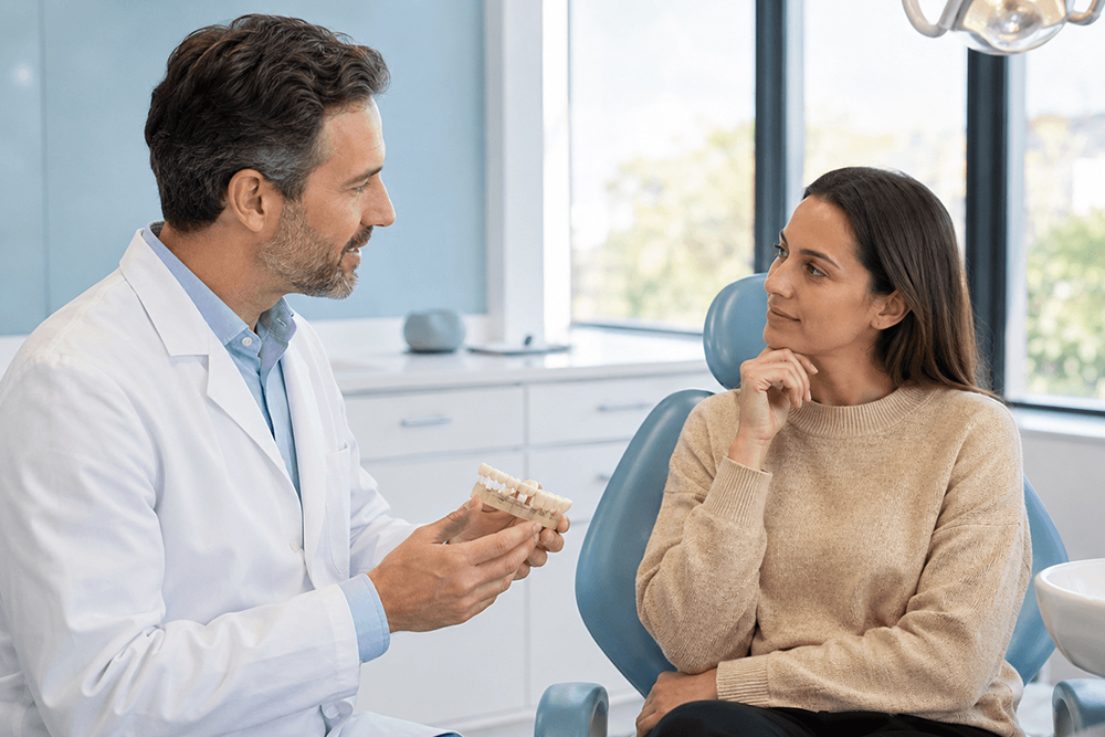Dentist discussing dental crown treatment options with a patient.